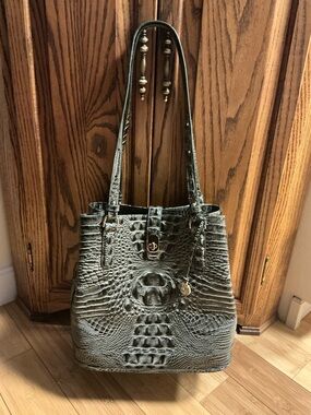 Brahmin Hunter Green Croc-Embossed Melbourne Bucket Bag, Gold Accents, dust bag